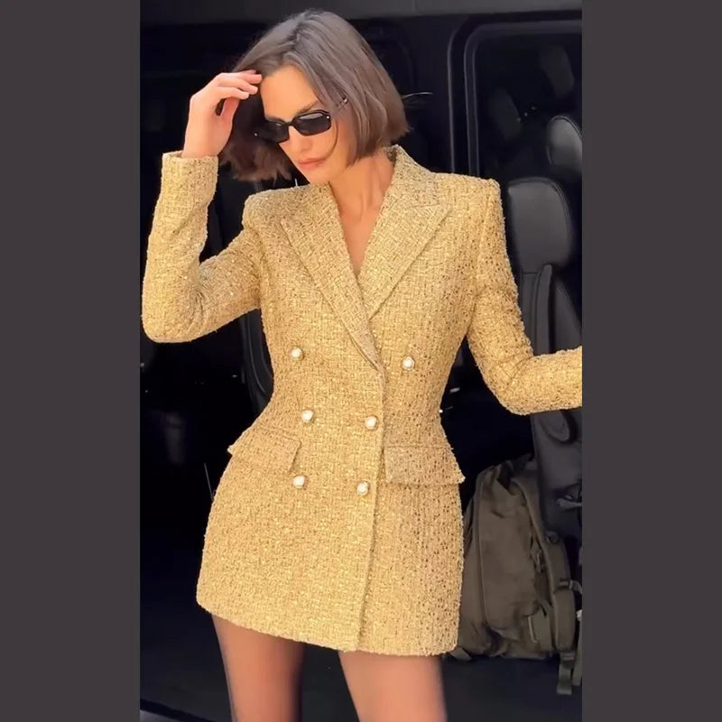 Sequin Paillette Blazer Coat Double Breasted Lapel Silhouette With Shiny Finish — Black | KIMLUD