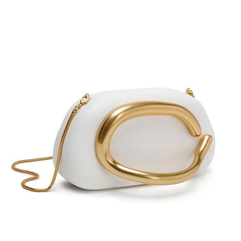 PU Leather Box Clutch Bag With Gold Closure And Chain Detailing — Black | KIMLUD