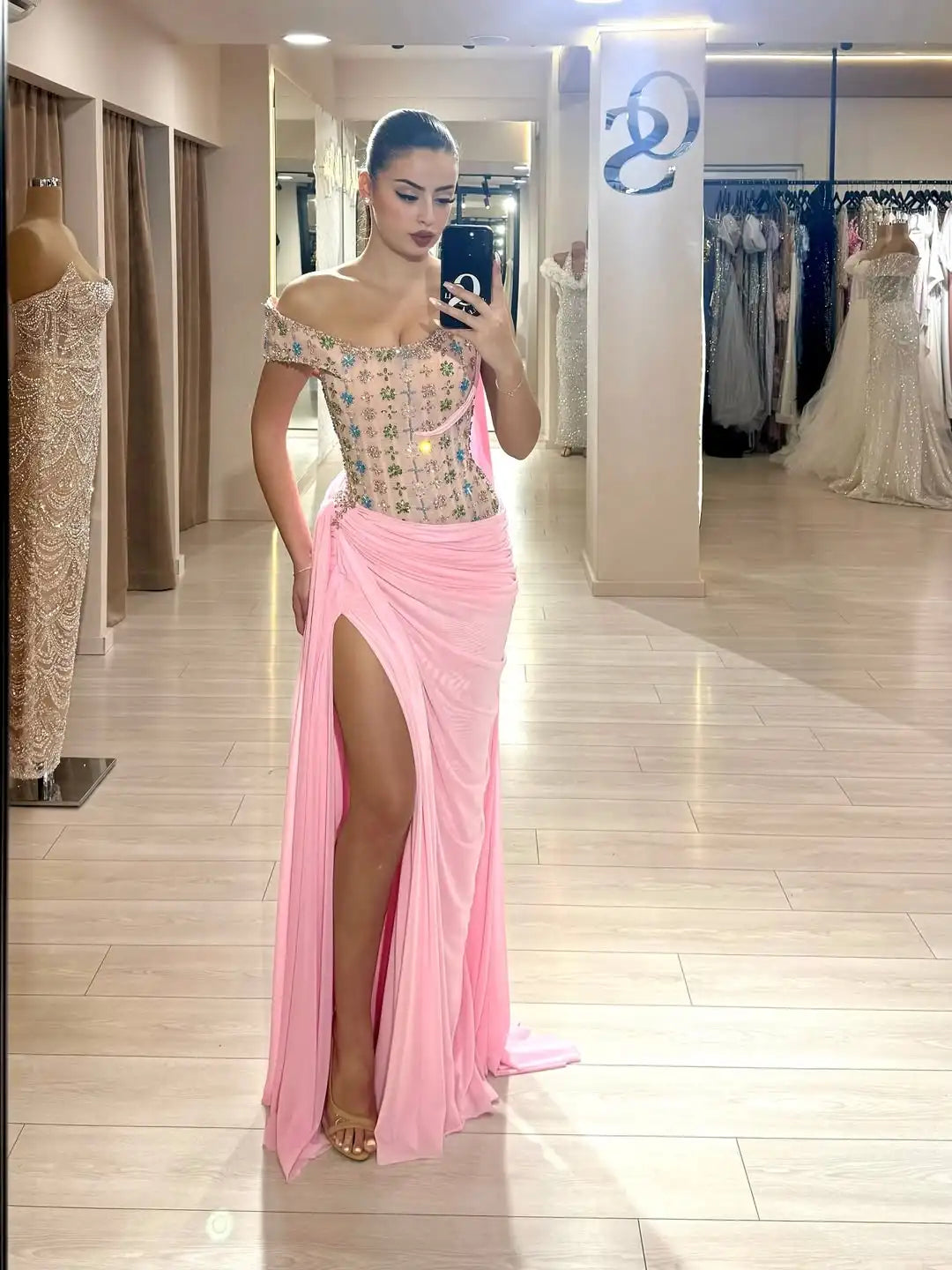 One-Shoulder Beaded Evening Dress – Draped Chiffon – Pink | KIMLUD
