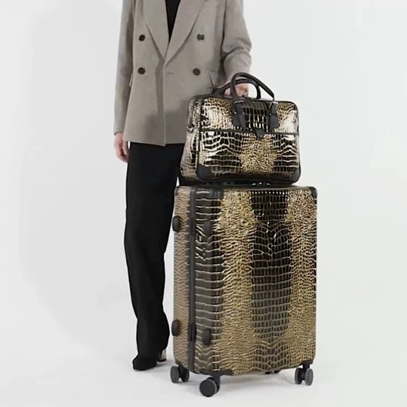 Aluminum Frame Crocodile Print Luggage Set — Black | KIMLUD