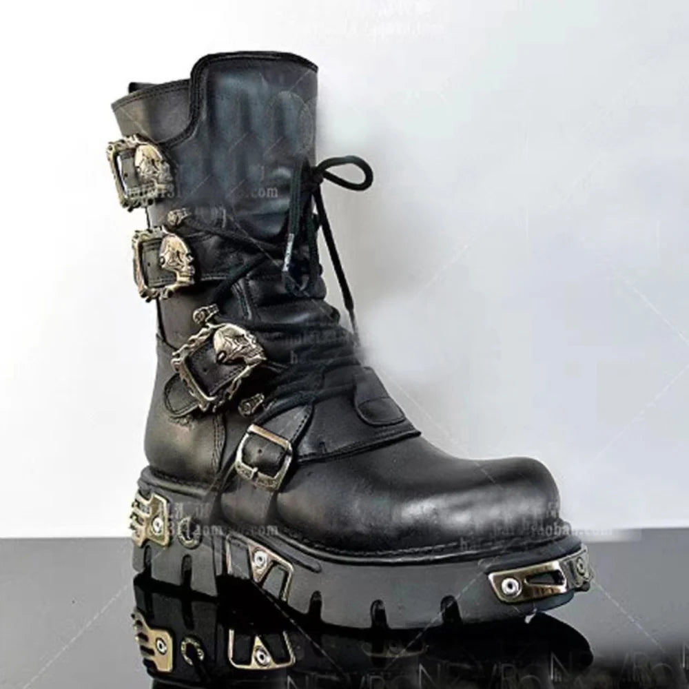 Genuine Leather Motorcycle Boots Goth Skull Embellishment With Metal Hardware — Black | KIMLUD