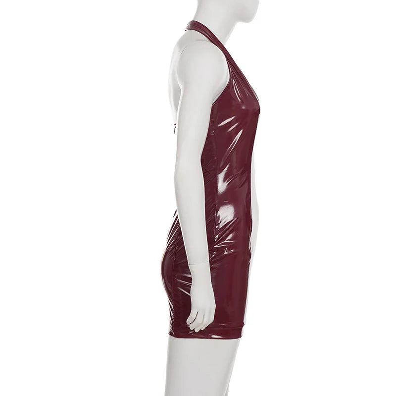 PU Leather Bodycon Dress Deep V-Neck Sleeveless Backless Ultra-Slim Fit — Burgundy | KIMLUD