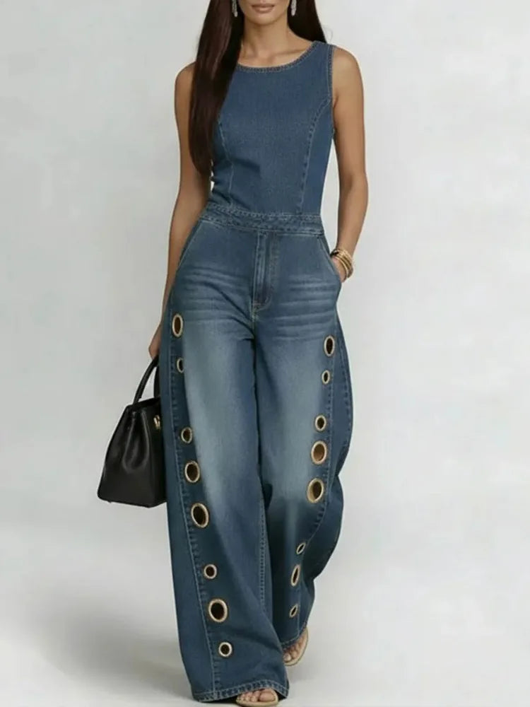 Freeacy Women's Trendy Denim Jumpsuit Sleeveless Round Neck Eyelet Wide Leg Jumpsuit with Pockets for Holiday & Clubwear