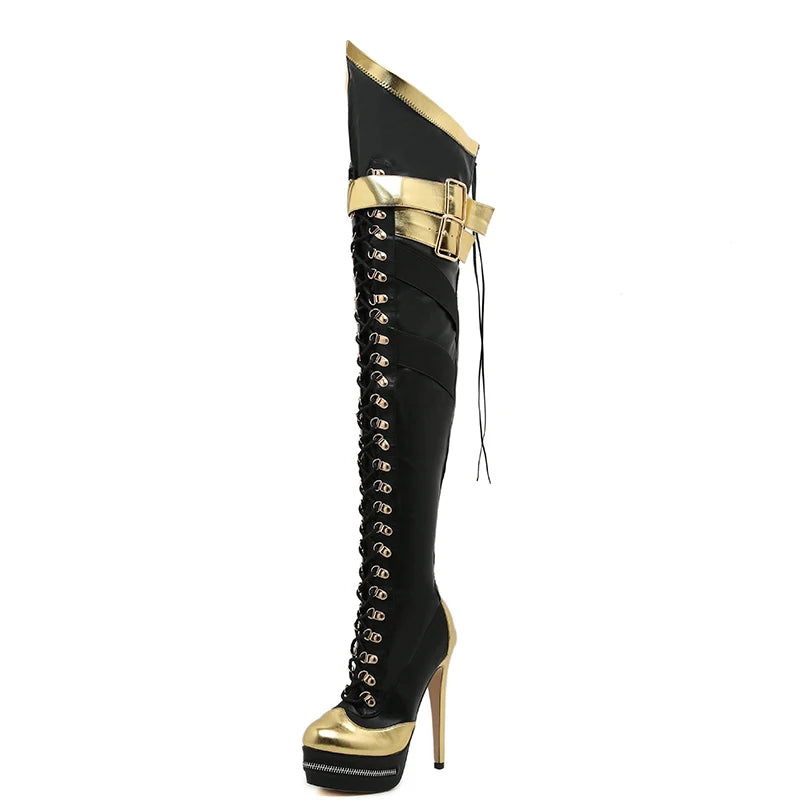 2025 Sexy Women Pointed Toe Thigh High Boots Stiletto Heel Pumps Over The Knee Bootie Platform Zipper Cross Strap Buckle Punk