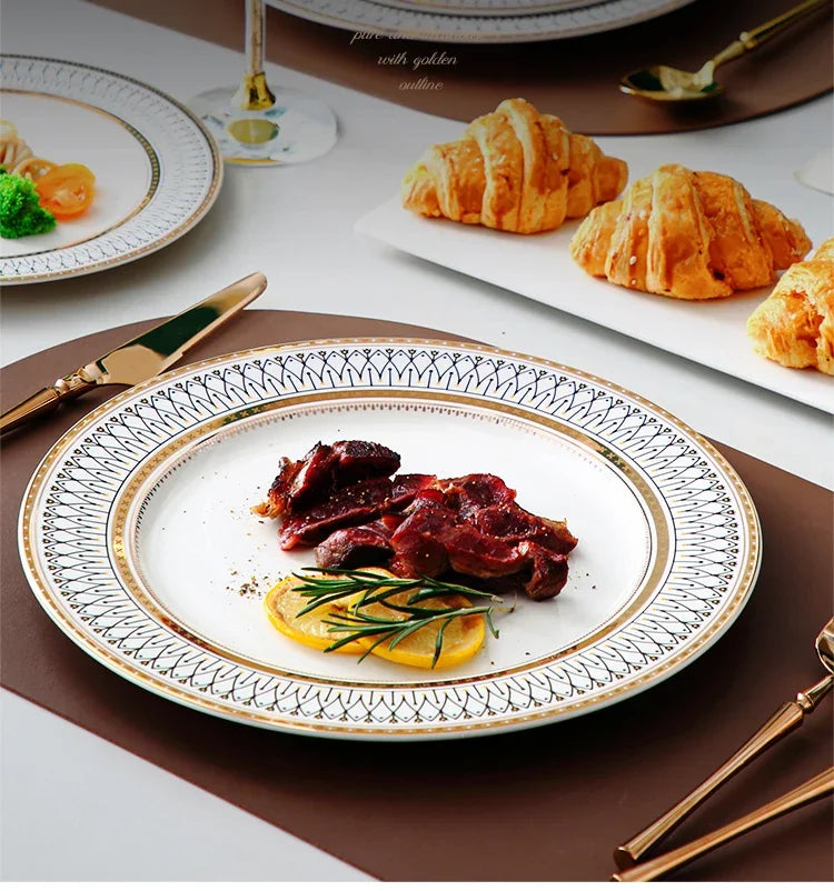 Ceramic European Style Dessert Plate With Gold Rim And Subtle Depth — White | KIMLUD