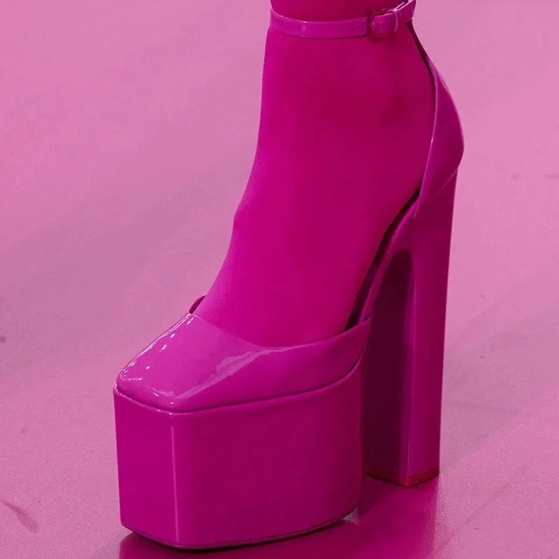 Shiny Patent Leather Platform Heels — Black | KIMLUD