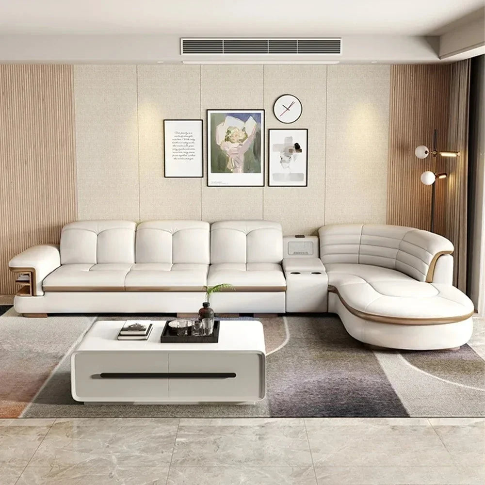Genuine Leather Solid L-Shaped Sofa — Black | KIMLUD