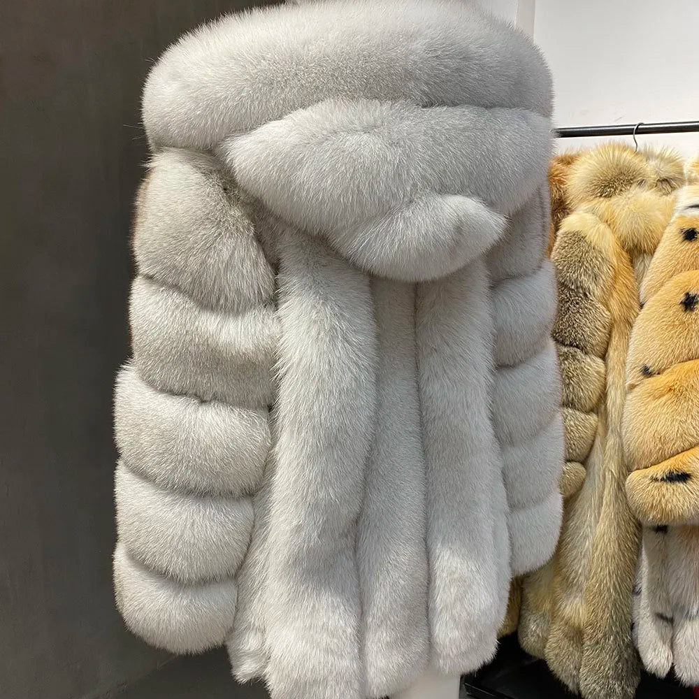 YOLOAgain Hooded Real Fox Fur Jacket Women 2025 Winter Warm Natural Fox Fur Coat Female