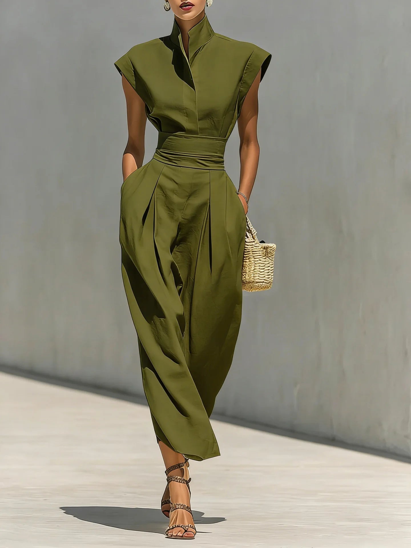 Dresses High Waist Pocket Polyester Sleeveless Midi Solid | KIMLUD