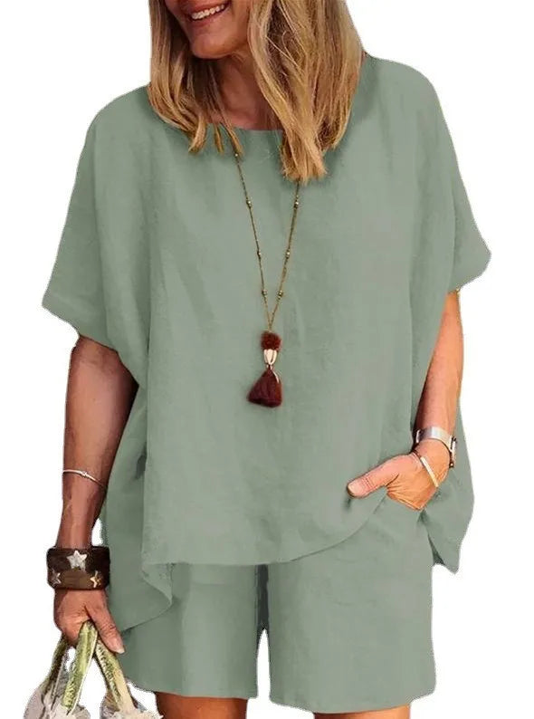 Cotton-Linen Two-Piece Set Plus Size Relaxed-Fit Short-Sleeve Top And Shorts — Steel-Blue | KIMLUD