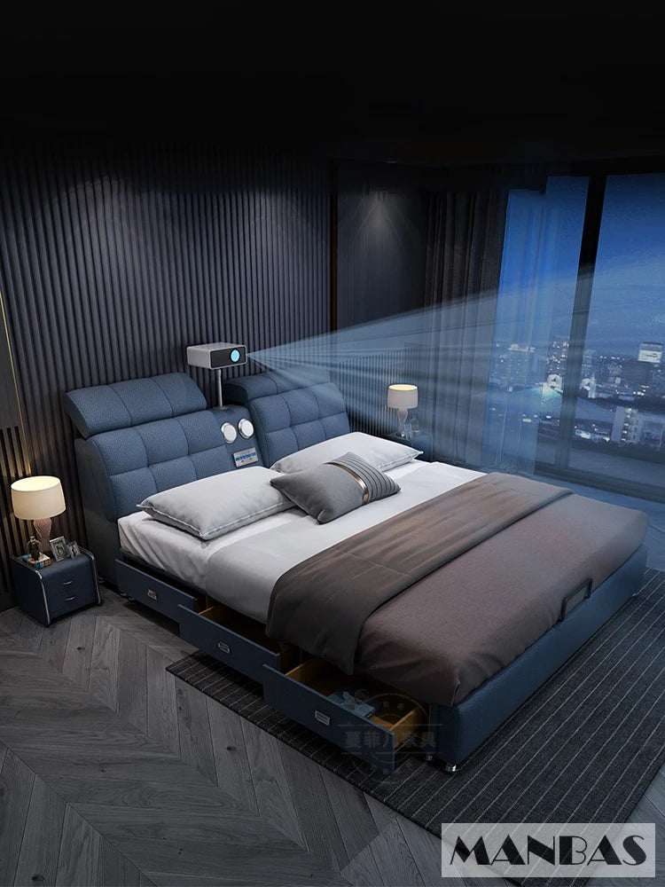 Genuine Leather Bed Frame Smart Multifunctional Tech — Ivory | KIMLUD