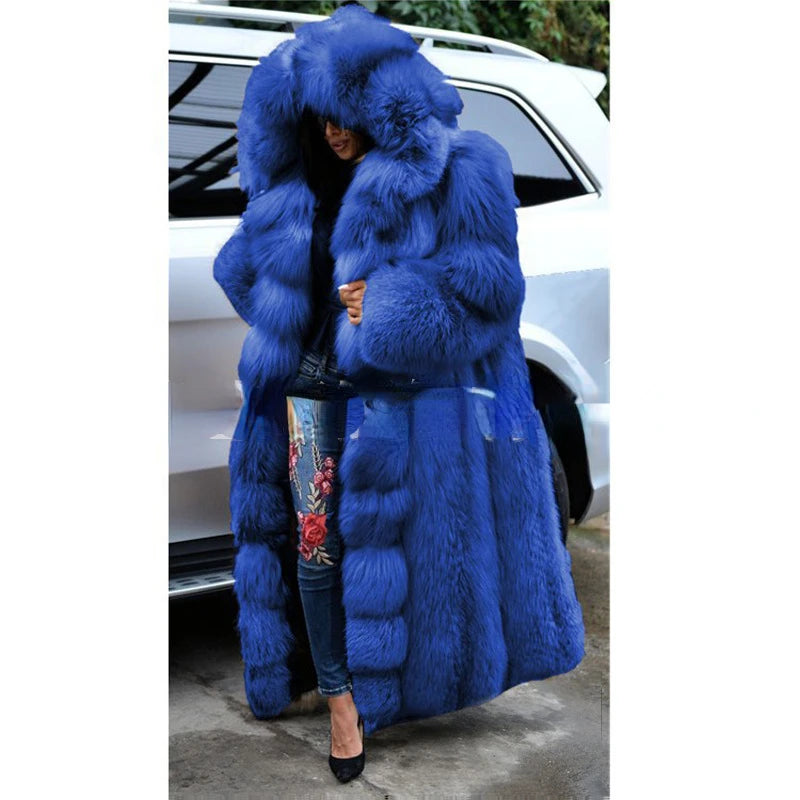 Winter Plus Size Longer Faux Fur Warm Coat Long Sleeve Coat Fox Fur Faux Fur Coat women's Long Hooded Fur all-in-one Fur Coat