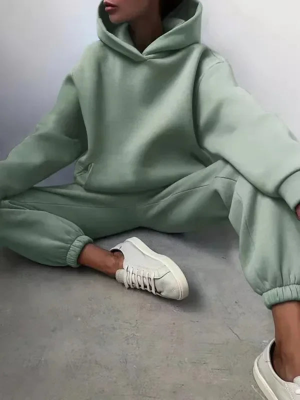 Fleece Tracksuit Two-Piece Hooded Set — Black | KIMLUD