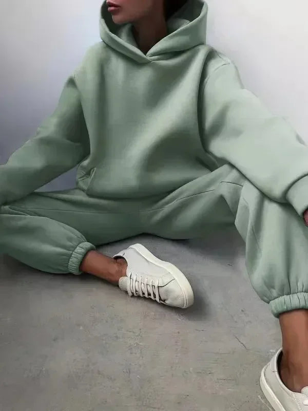Fleece Tracksuit Two-Piece Hooded Set — Black | KIMLUD