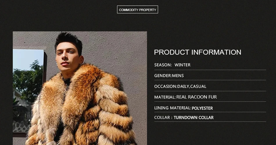 Man wearing a fur coat with product information displayed on the right.