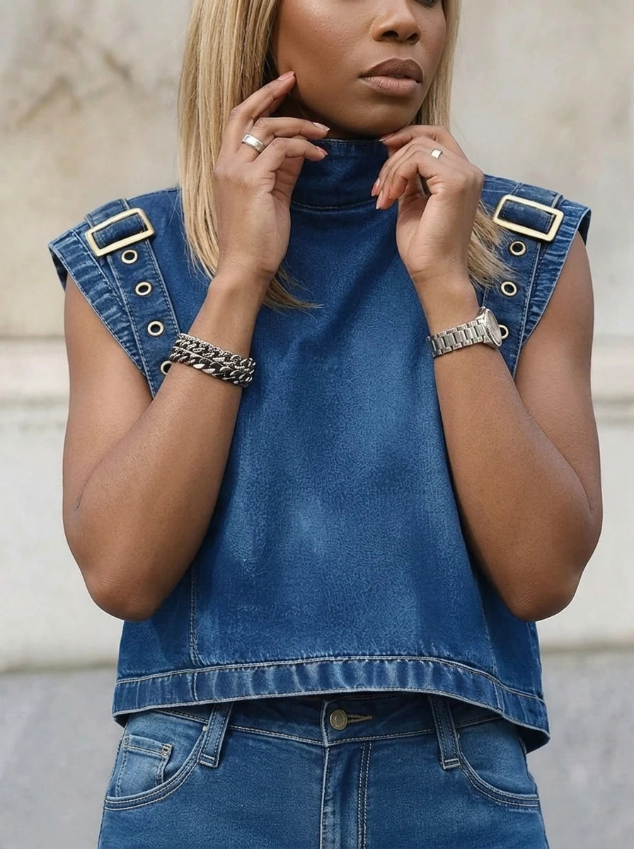 Denim Stand Collar Cropped Vest — Denim Blue | KIMLUD