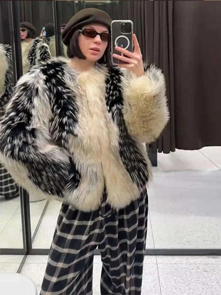 KIMLUD, Stylish Contrast Faux Fur Women Coat Elegant O-neck Single Breasted Full Sleeve Female Coats 2025 Winter Chic Lady Jacket, KIMLUD Womens Clothes