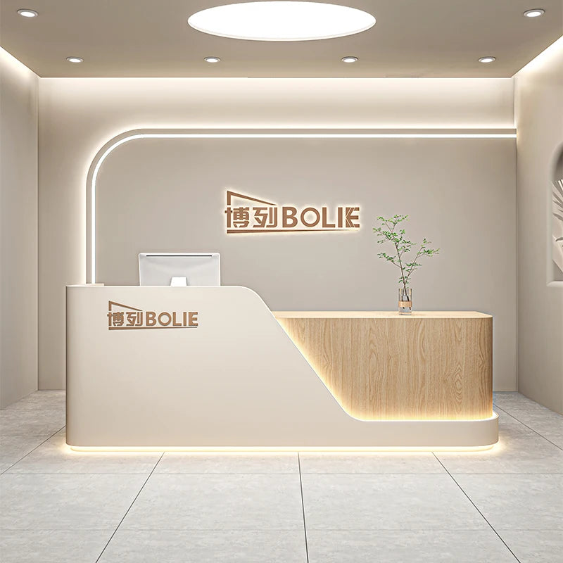 Curved Wood Reception Desk With LED Lights — White | KIMLUD