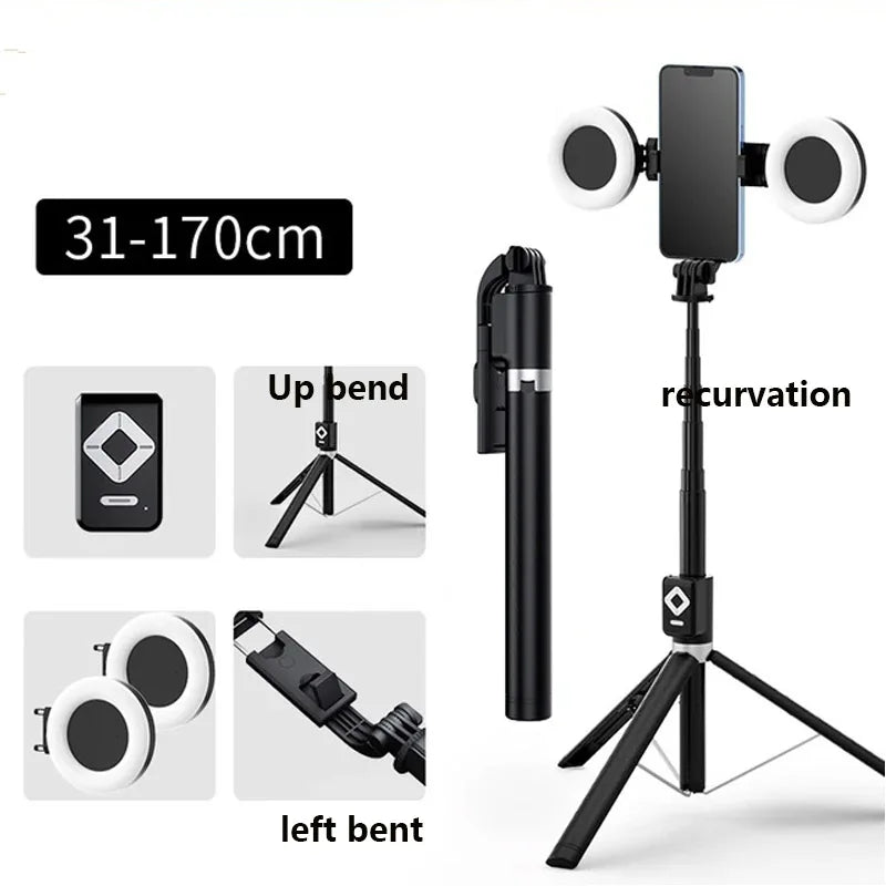 1.7m Extendable live Tripod Selfie Stick Support LED Ring Dual light mirror Stand 4 in 1 Phone Mount for iPhone X 8 11 Android