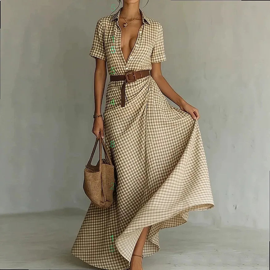 Polyester Blend Plaid Button Dress — Black | KIMLUD