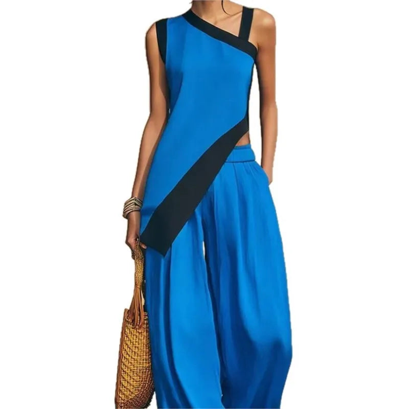 Wide Leg Color Block Pants And Top Set — Black | KIMLUD