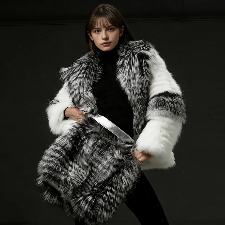 Fox Fur Jacket – Turn-Down Collar – Fox Fur – Silver | KIMLUD
