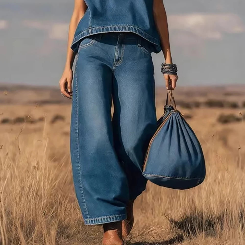 Women's Vintage Western Faux Suede Vest Top Two Piece Set Solid Crew Neck Sleeveless Loose T-Shirt With Wide Leg Pants Y2K Sets