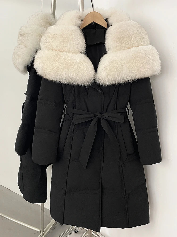 Long Real Fox Fur Collar Down Coat — Natural | KIMLUD