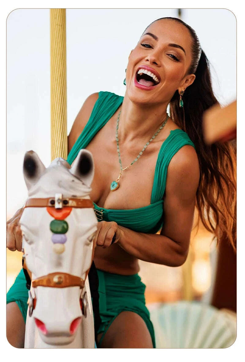 KIMLUD, VC Fashion Summer Beach Green Tassel Dress And Cropped Top Set Ruched Waist Design for Vacation Party, KIMLUD Womens Clothes