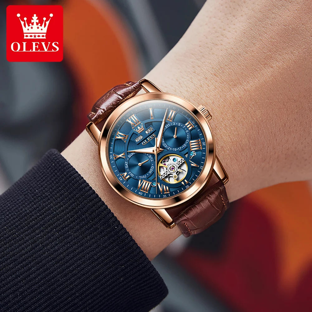 Luxury Automatic Watch With Brown Leather Strap And Mechanical Hand Wind Movement — Blue | KIMLUD