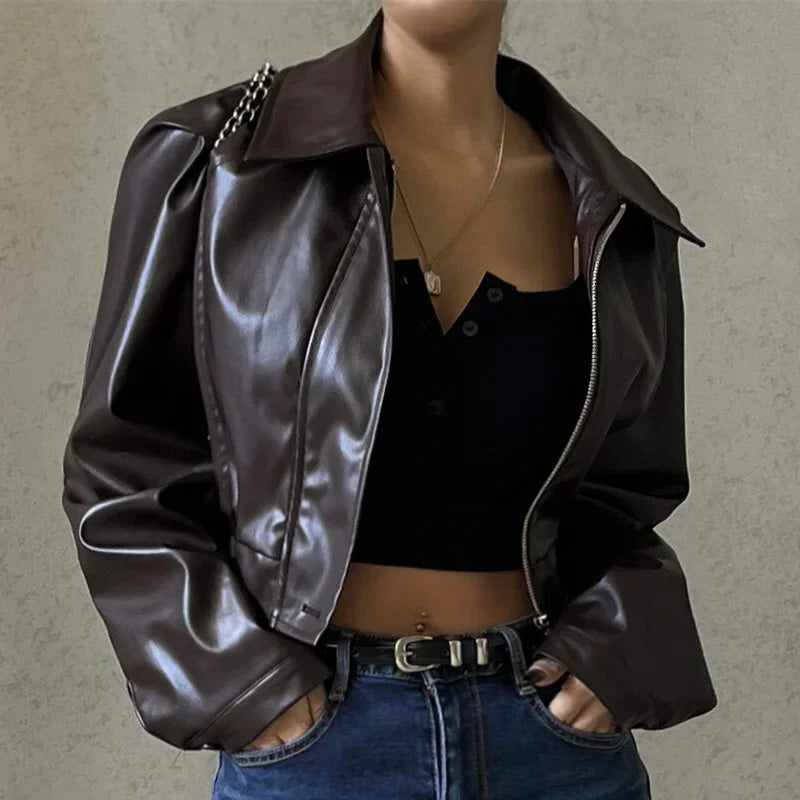 WhereMery Faux Leather Short Jacket Y2K Turn-down Collar Fashion Botton Decoration PU Coat 2022 Grunge Street Casual Women Coats