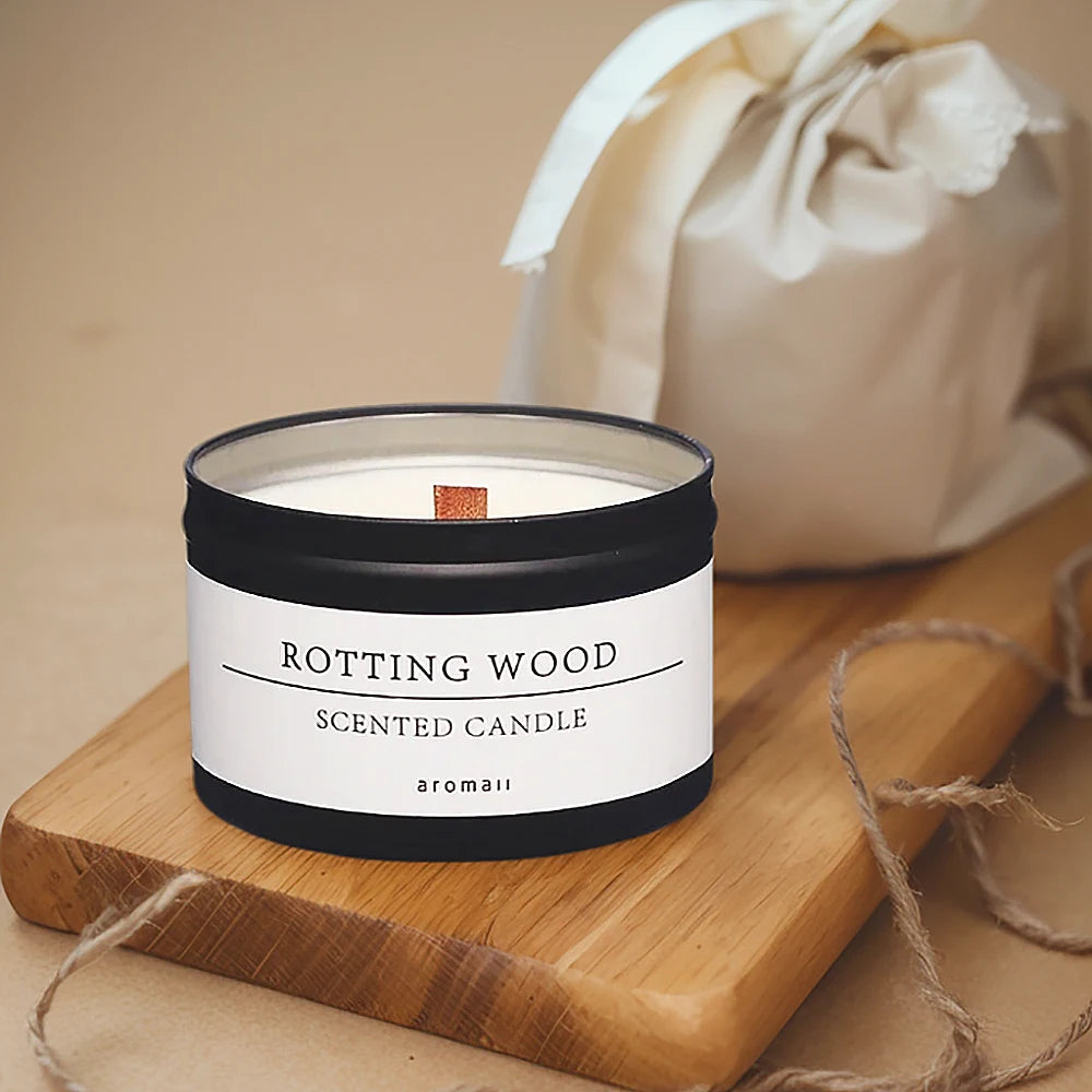 Tin Can Candle Aromatic With Wooden Wick For Home Decor And Outdoor Ambience — Black | KIMLUD