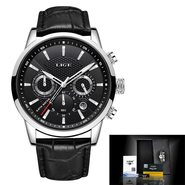 LIGE Men Watch Luxury Leather Waterproof Sport Quartz Wristwatch Chronograph Military Watch for Men Relogio Masculino Men‘s Gift