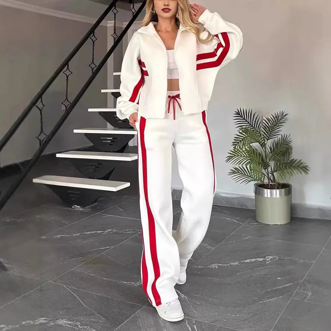 Laminated Striped Two-Piece Tracksuit Set — White | KIMLUD