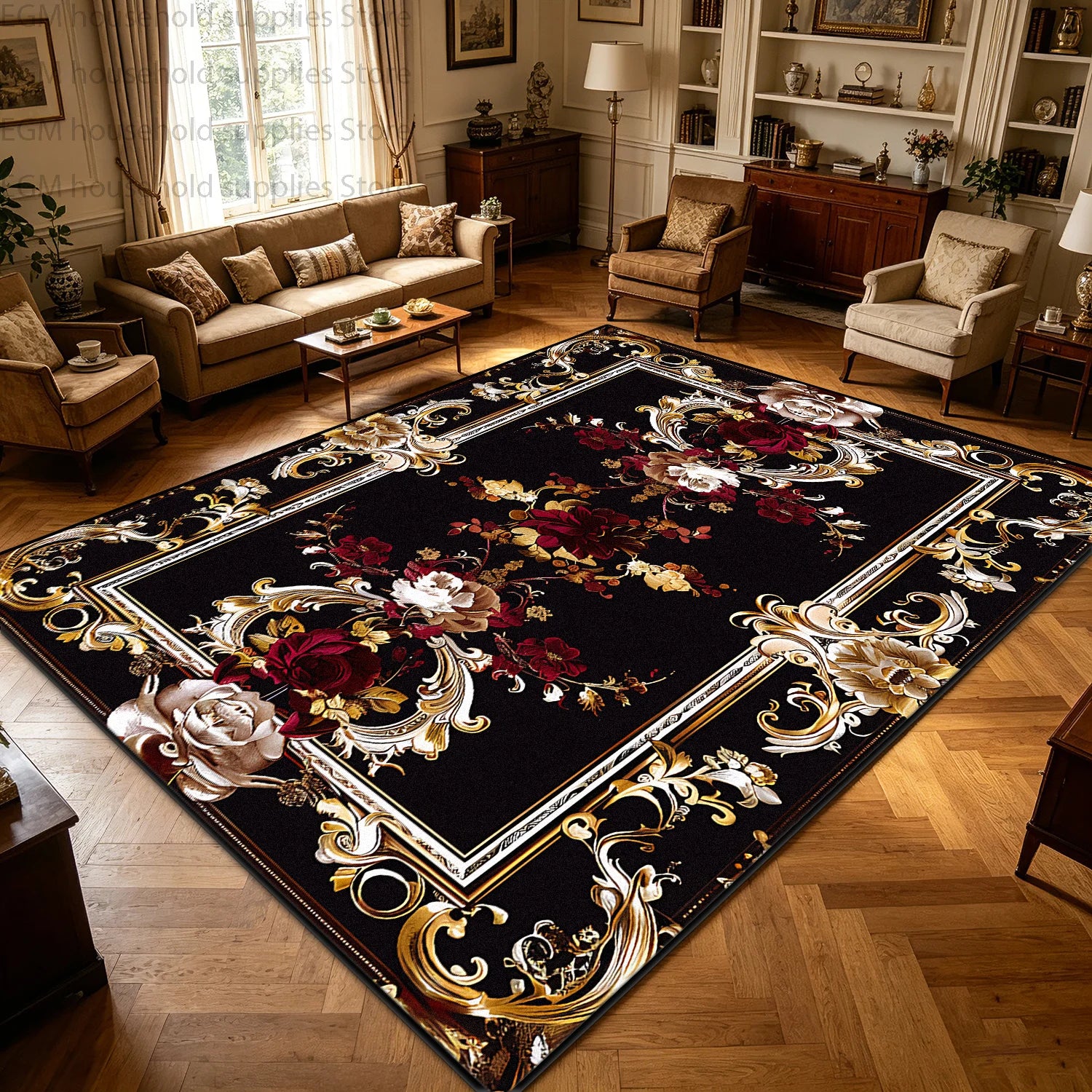 Kilim Polyester Floral Area Rug — Red Gold | KIMLUD