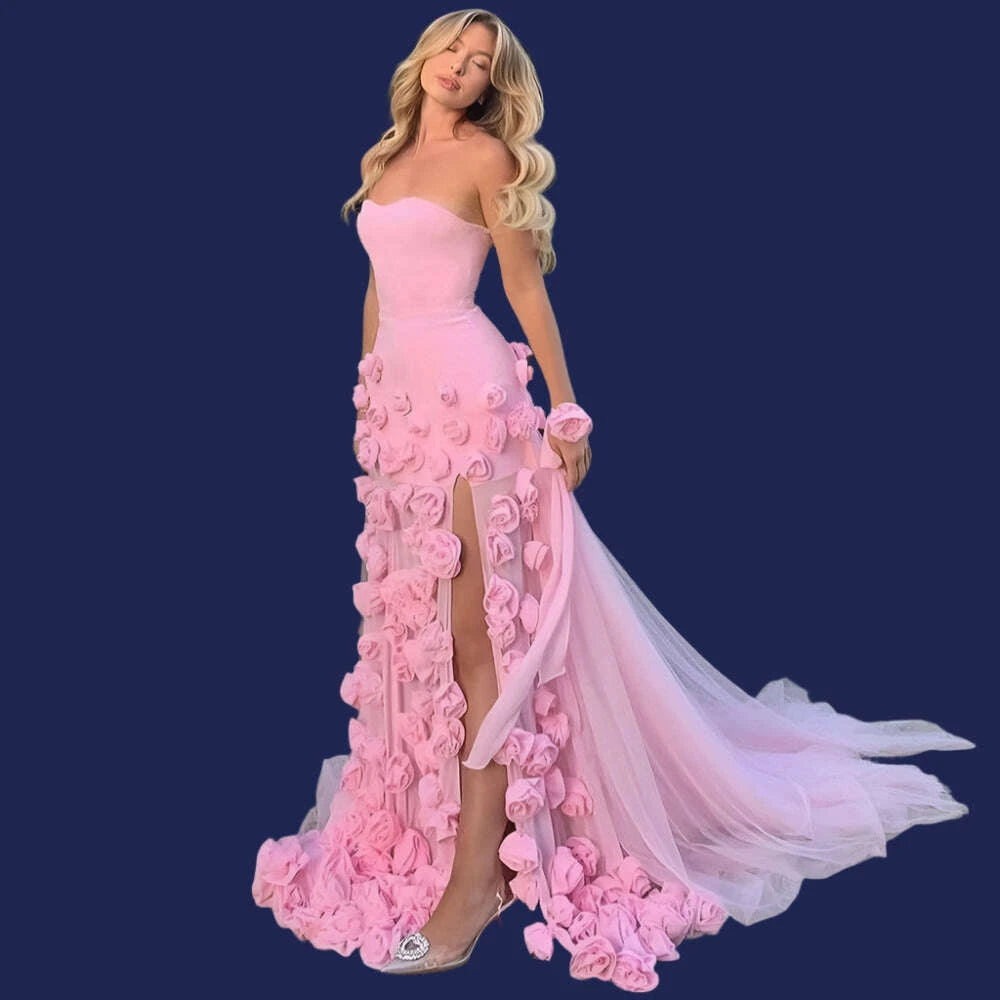 RFYR Pink Mermaid Charming Prom Dress 3D Flower Formal Gown Sleevesles