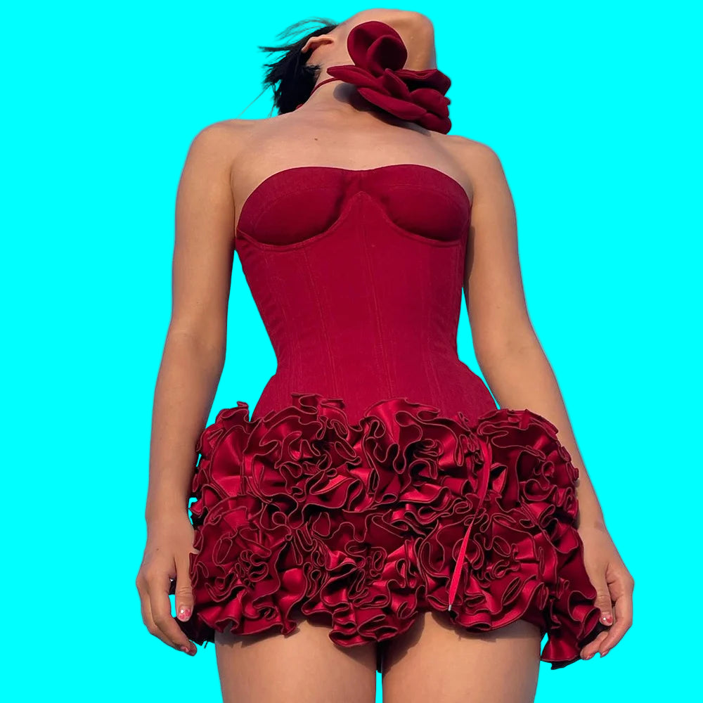 VC Christmas Dress Strapless Backless Red Structured Floral Embellished Mini Length Bodycon Celebrity Party Cocktail Dress