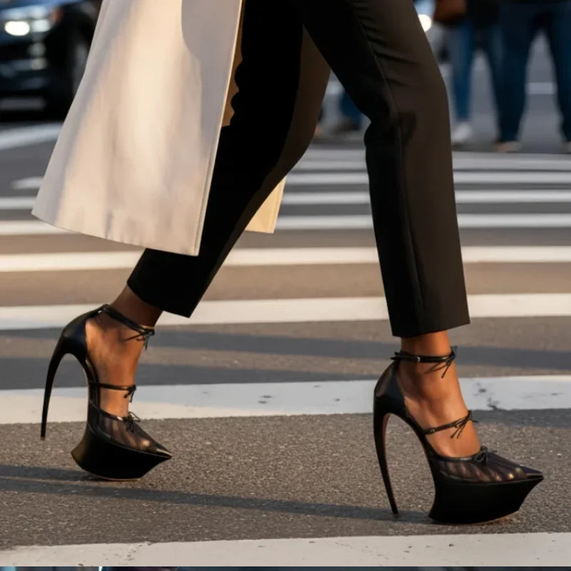 Butterfly-Knot Ankle Strap Pumps Platform — Black | KIMLUD