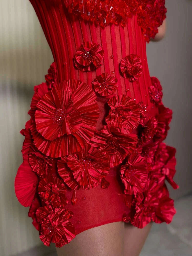 KIMLUD, VC Party Sexy Galas Gown Red 3D Floral Halter Sequins Backless Mini Dress, KIMLUD Womens Clothes