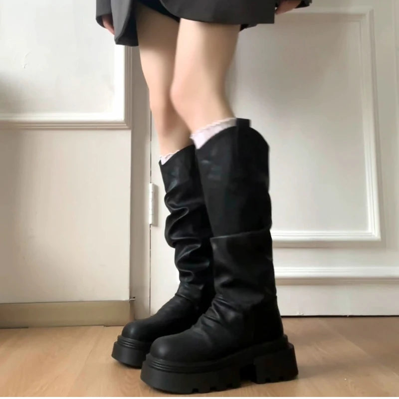 Autumn Winter Platform Thick Bottom Women Long Boots Fashion Slip On Shoes Vintage Ladies Knight Botas