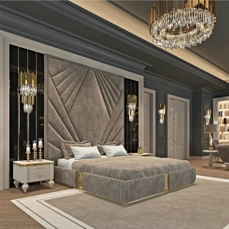 HJ HOME Wholesale Fabric Up-holstered Beds King Size Double Headboard Customized Wall Panels Hotel Bedroom Furniture Set