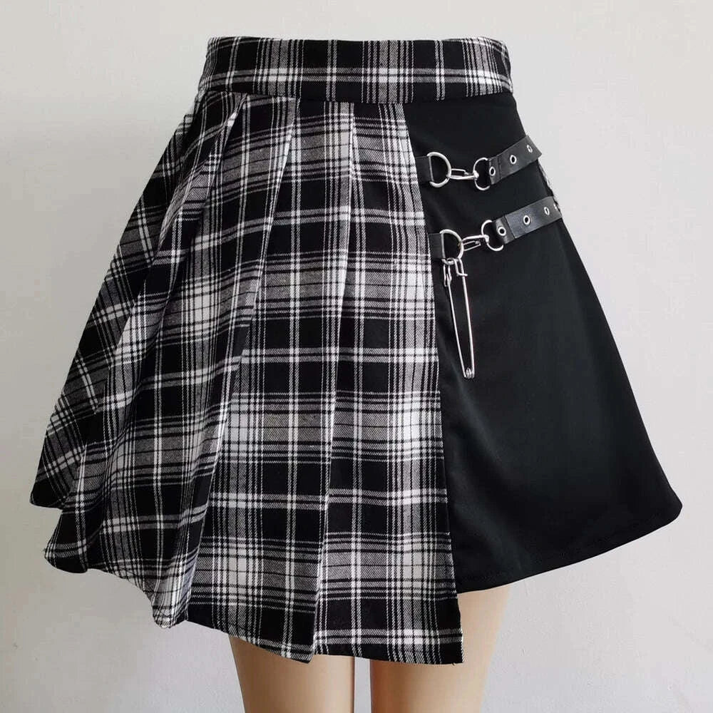 KIMLUD, Womens Harajuku Punk Irregular Mini Pleated Skater Skirt Asymmetric Cutout High Waist Hip Hop Clubwear gothic harajuku skirt, KIMLUD Womens Clothes