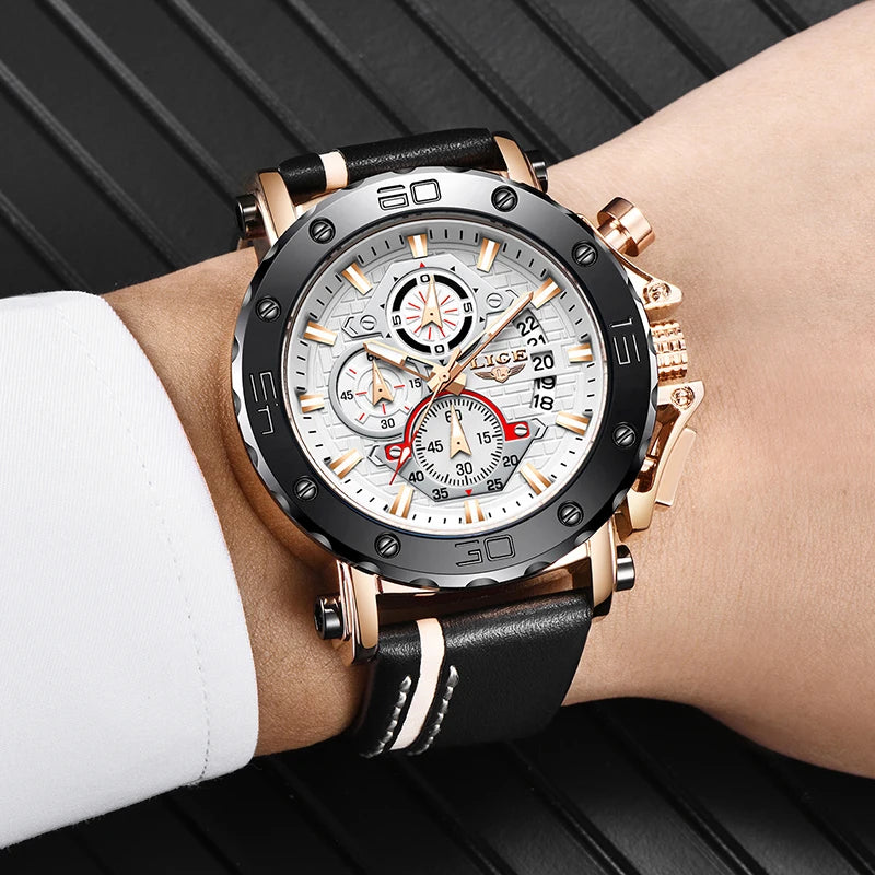 New Top Brand LIGE Mens Watches Fashion Sport Leather Watch Man Luxury Date Waterproof Quartz Chronograph Relogio Masculino+Box