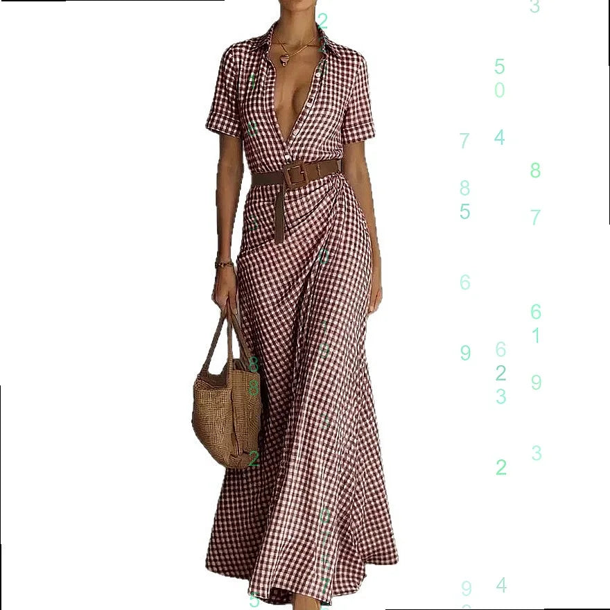 Polyester Blend Plaid Button Dress — Black | KIMLUD