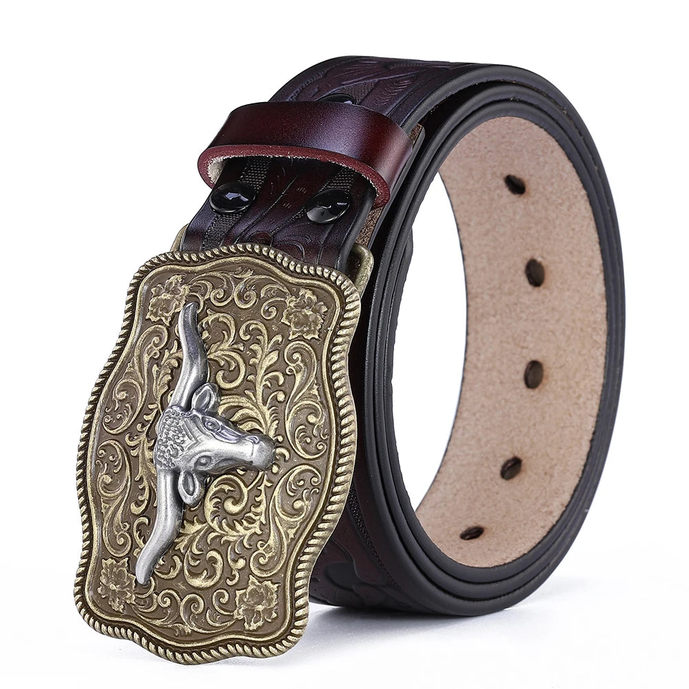 Western Belt Men Genuine Leather Belts for Men Women Cowboy Cowgirl Big Letters Buckle Gold Male Belts Long Black Brown Quality