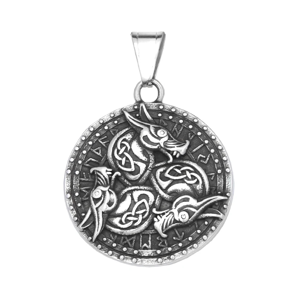 Viking Dragon Pendant Necklace Stainless Steel Round Medallion Celtic Knot Rune Engraved For Men Norse Amulet Daily Wear Jewelry