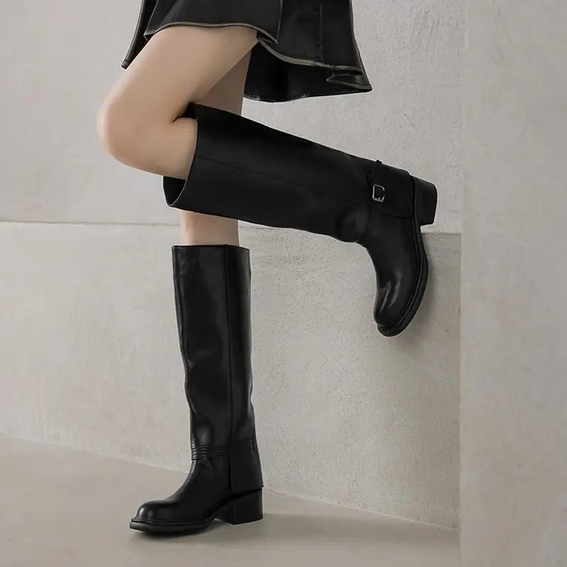 MORAZORA Genuine Leather Boots Women Square Mid Heels Black Brown Winter Boots Fashion Handmade Knee High Boots Ladies Shoes