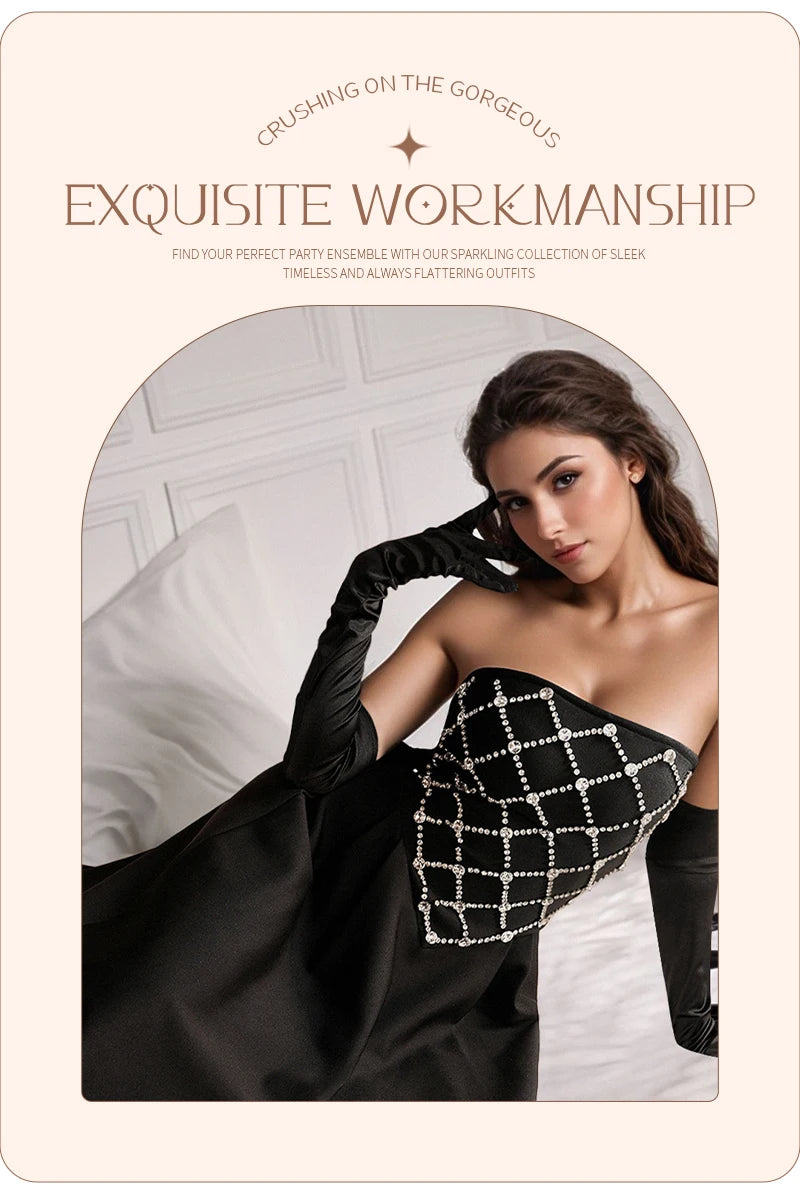 VC Glamorous Black Sleeveless Strapless Dress with Diamond-Grid Details for Galas Gown
