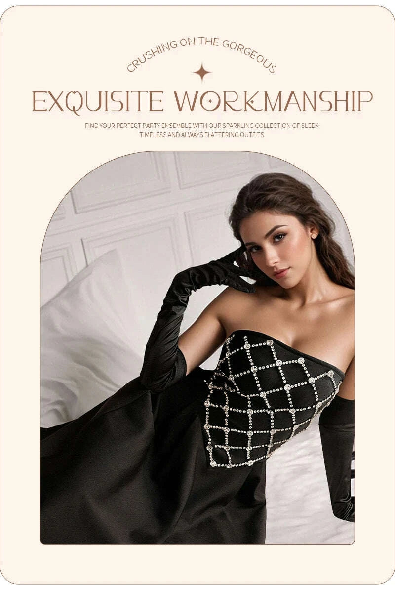 KIMLUD, VC Glamorous Black Sleeveless Strapless Dress with Diamond-Grid Details for Galas Gown, KIMLUD Womens Clothes