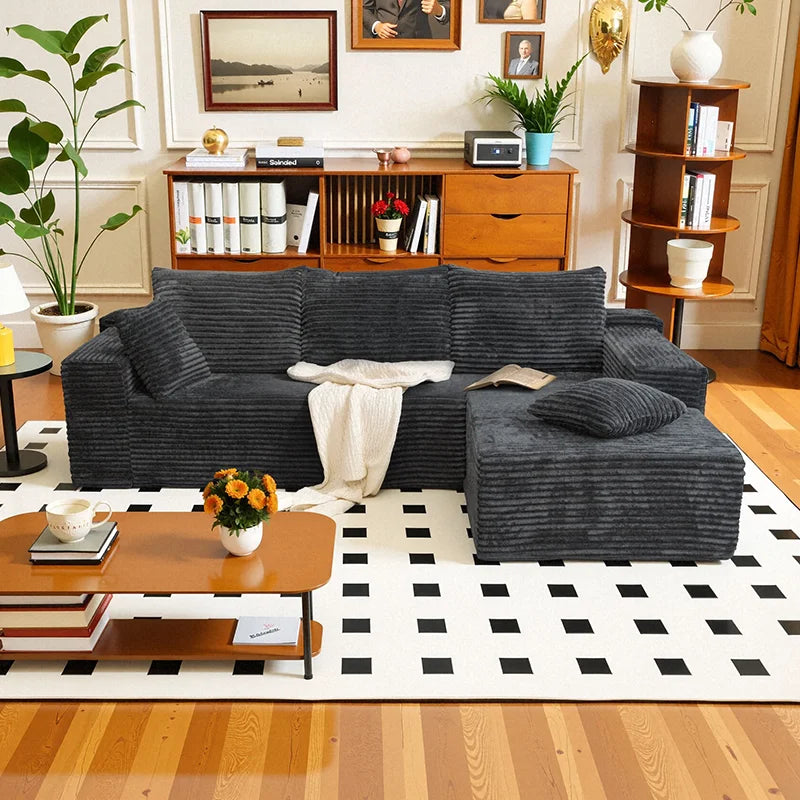Corduroy L-Shaped Sofa Bed — Deep Seat, 105-Inch — Charcoal Gray | KIMLUD